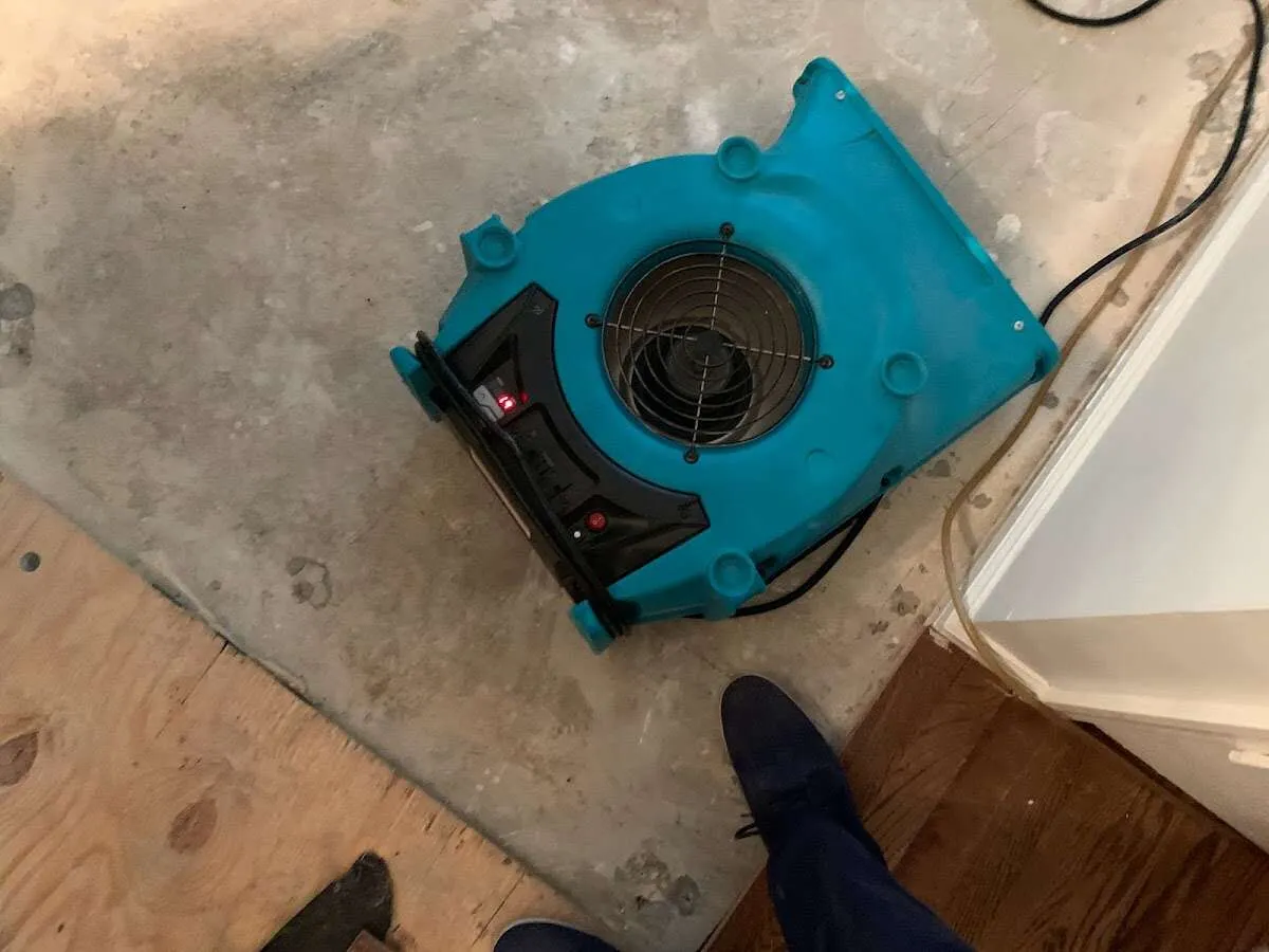 Air mover drying subfloor during Leak Detection & Repair in Egelston